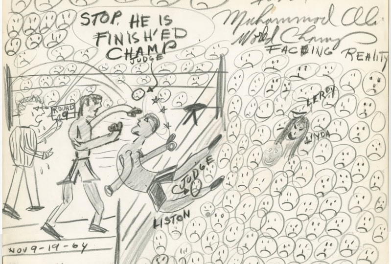 Illustrated image of Ali and Liston boxing in ring with referee screaming "Stop he is finished Champ"