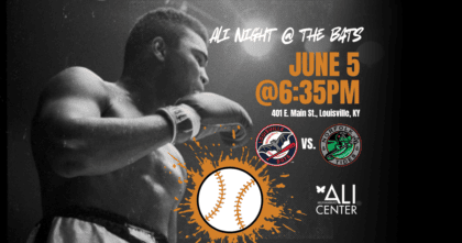 Black and white photo of Muhammad Ali with text "Ali Night at the Bats"