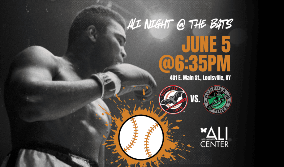 Black and white photo of Muhammad Ali with text "Ali Night at the Bats"