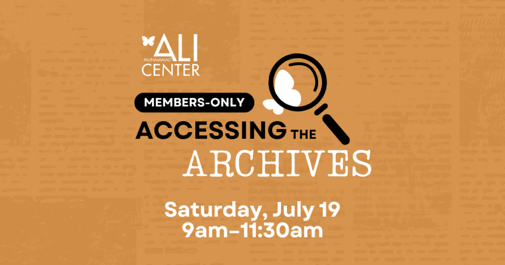 Orange background with news print and Accessing the Archives logo with butterfly under spyglass - Text: "July 19 - 9am-11:30am"
