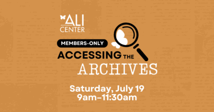 Orange background with news print and Accessing the Archives logo with butterfly under spyglass - Text: "July 19 - 9am-11:30am"