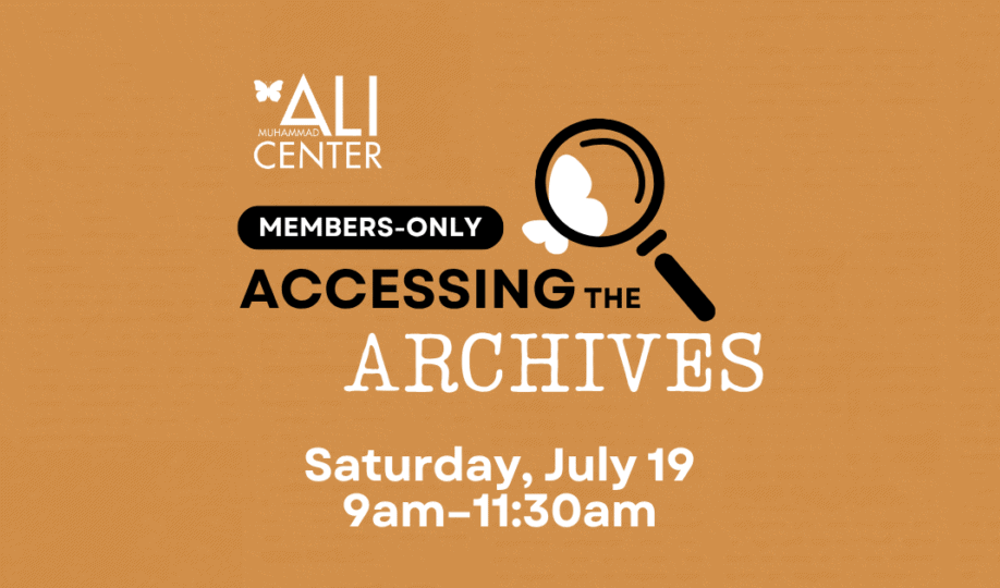 Orange background with news print and Accessing the Archives logo with butterfly under spyglass - Text: "July 19 - 9am-11:30am"