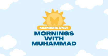 Mornings with Muhammad blue logo with image of sunshine and butterfly inside on a blue sky background