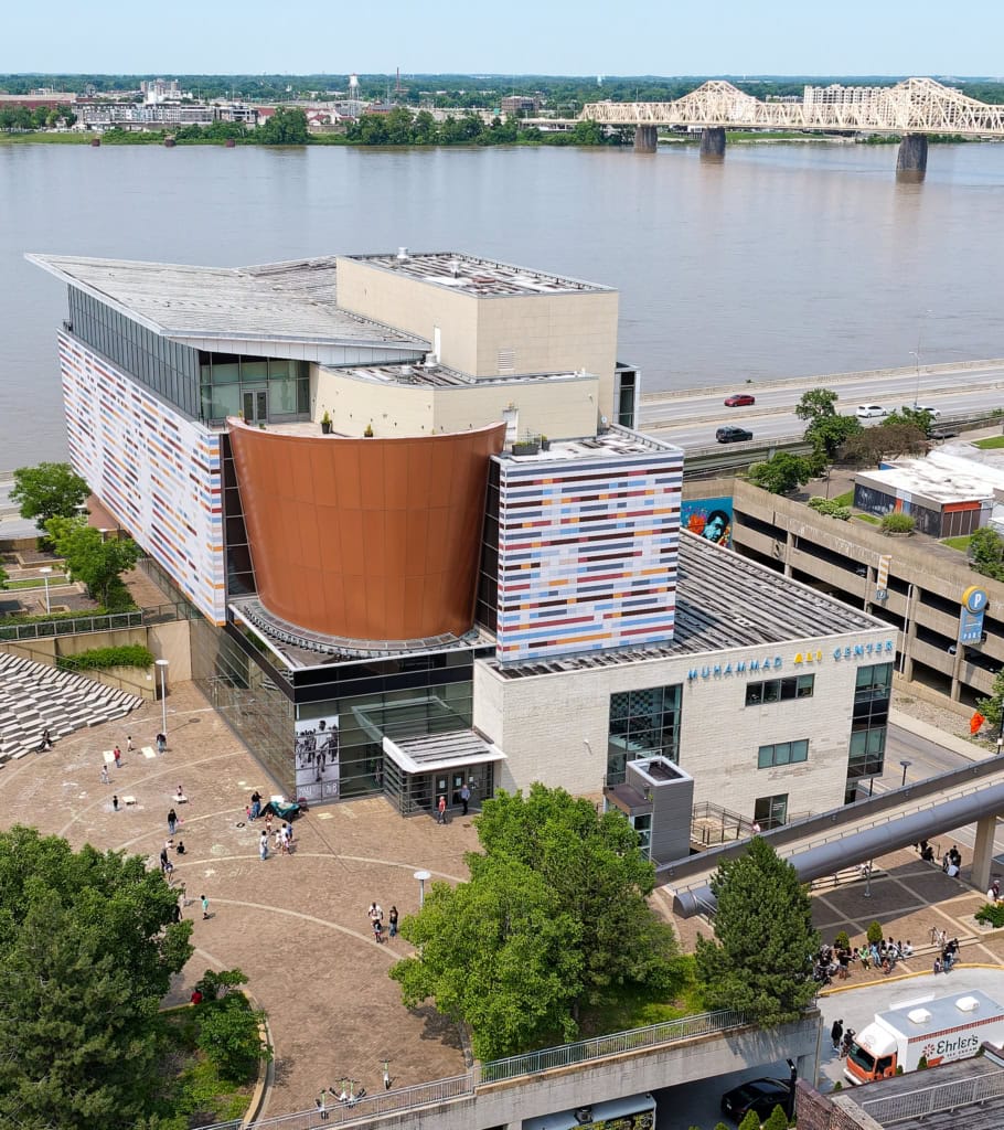 Drone photo of the Muhammad Ali Center with the Ohio River in the background