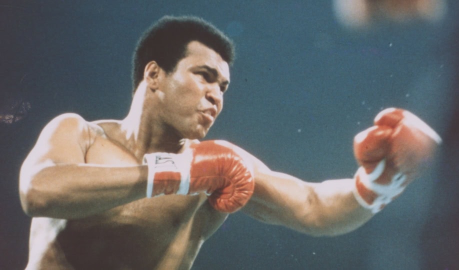 Color photo of Muhammad Ali in a boxing stance wearing boxing gloves and white trunks