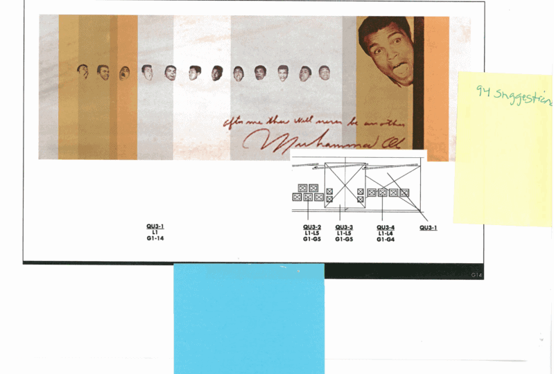 Blueprint and design of wall within the museum featuring Muhammad's face and signature