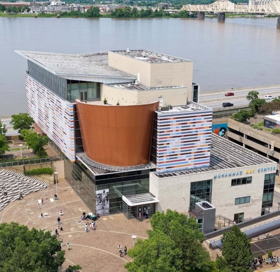 Home - Muhammad Ali Center Drone photo of the Muhammad Ali Center with the Ohio River in the background