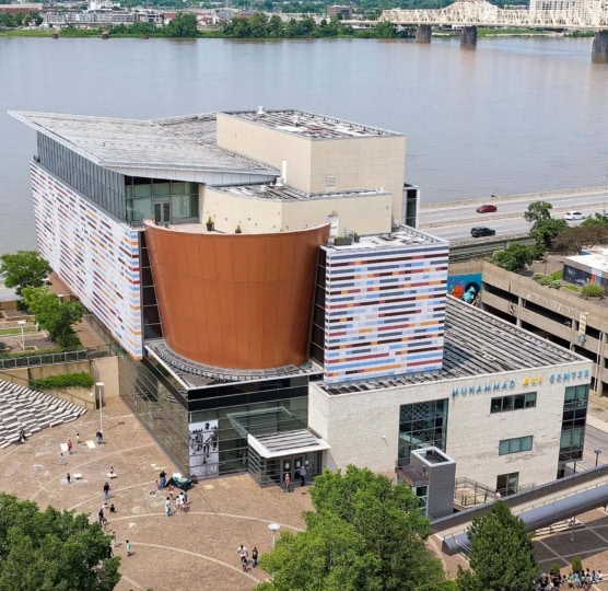 Drone photo of the Muhammad Ali Center with the Ohio River in the background