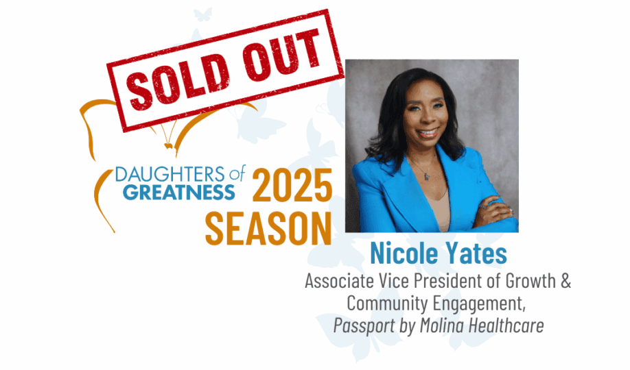 Daughters of Greatness logo with Sold Out text in red stamped over, alongside picture of woman wearing with shoulder length hair smiling at camera