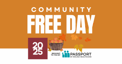Burnt orange background featuring Community Free Day logo, Passport by Molina Healthcare logo, bushel of apples and falltime leaves