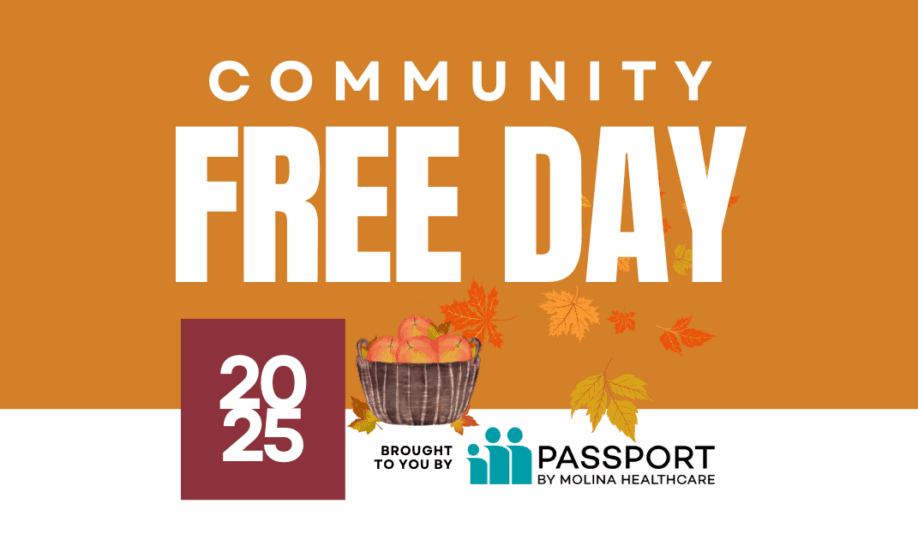Community Free Day - Oct. 2025 - Muhammad Ali Center Burnt orange background featuring Community Free Day logo, Passport by Molina Healthcare logo, bushel of apples and falltime leaves