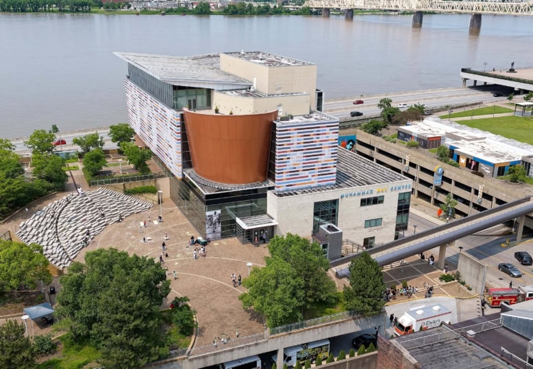 Drone photo of the Muhammad Ali Center with the Ohio River in the background