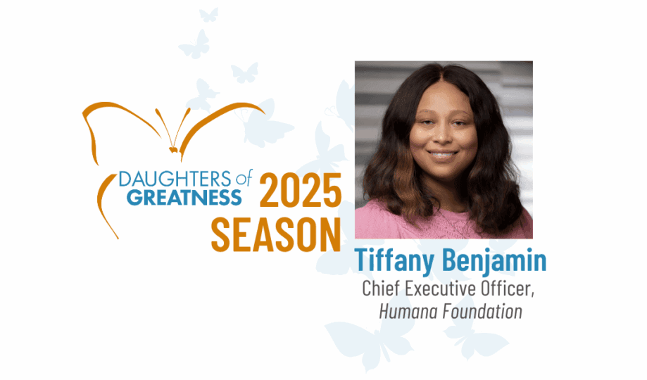 Daughters of Greatness logo on white background with gray butterflies, image of woman with dark hair wearing pink shirt smiling at camera, and text "Tiffany Benjamin, Chief Executive Officer, Humana Foundation"
