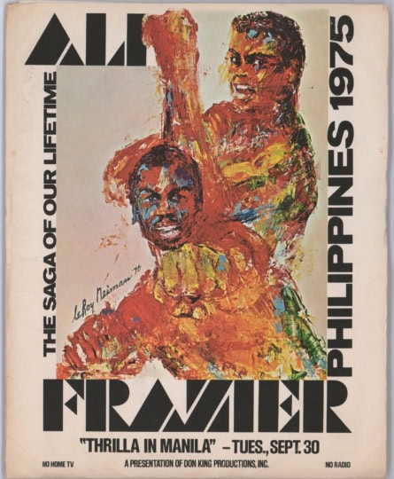 Full color illustrated image of Muhammad Ali and Joe Frazier punching in the air