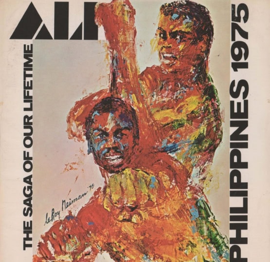Full color illustrated image of Muhammad Ali and Joe Frazier punching in the air