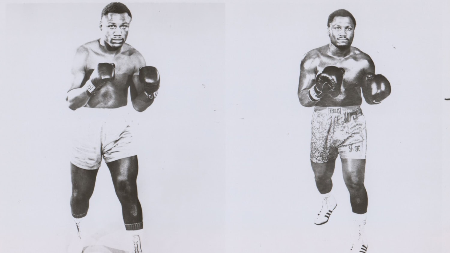 Collection of black and white photos of Joe Frazier in boxing attire