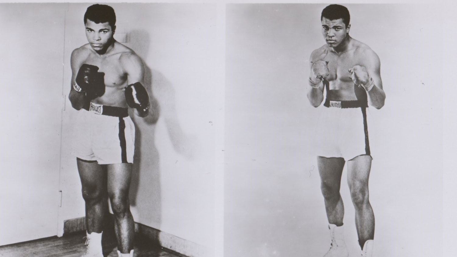Collection of black and white photos of Muhammad Ali in boxing attire