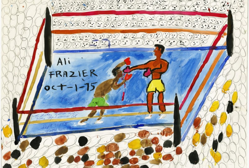 Illustrated drawing by Muhammad Ali featuring the two boxers in a ring surrounded by an audience