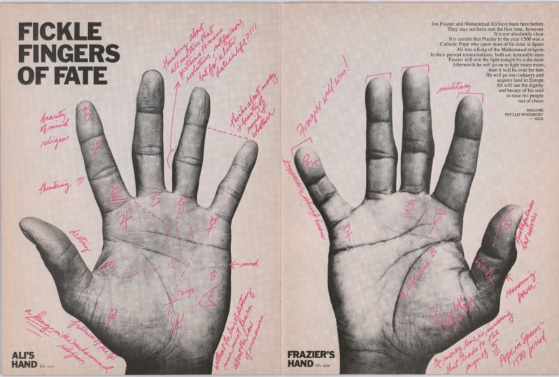 Magazine spread featuring close up image of the hands of Ali and Frazier