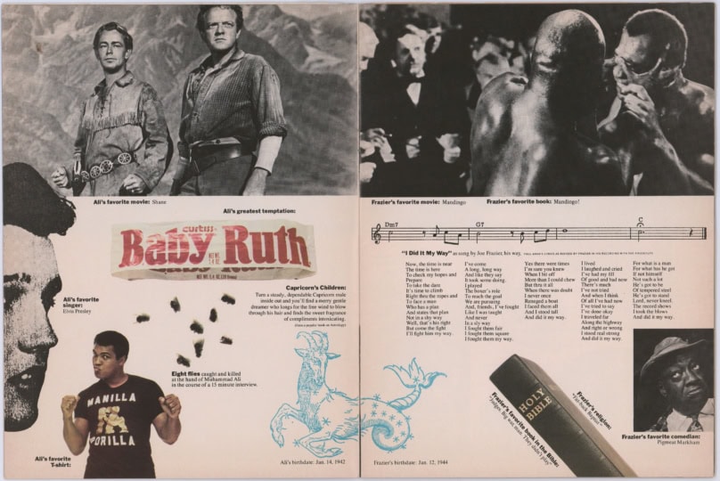 Photo of magazine spread showcasing Ali's favorite things, like a Baby Ruth candy bar, Elvis Presley, and an image of the movie Shane