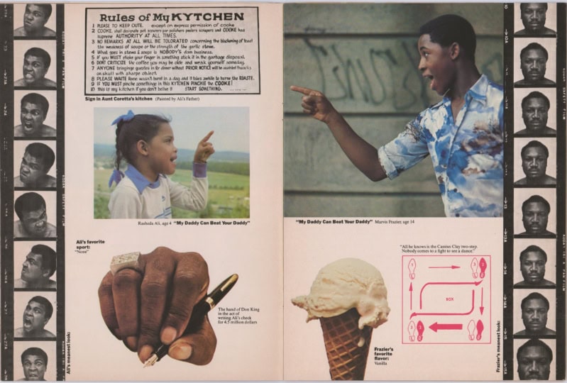 Photo of magazine spread showcasing Rasheda Ali and Marvis Frazier, alongside Ali's favorite sport and Frazier's favorite ice cream flavor