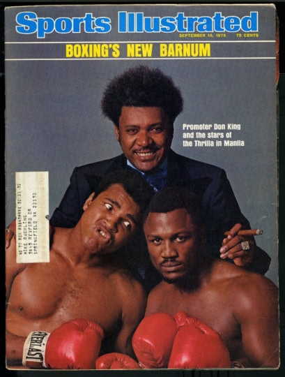 Sports Illustrated cover featuring Don King, Muhammad Ali and Joe Frazier in front of gray background with text "Boxing's New Barnum"