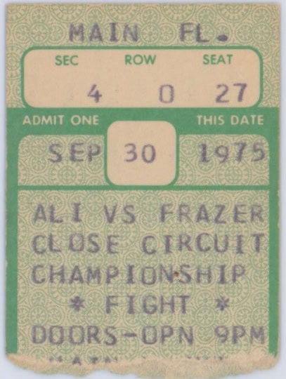 Green closed circuit ticket stub for Ali v Frazier fight on Sept. 30, 1975