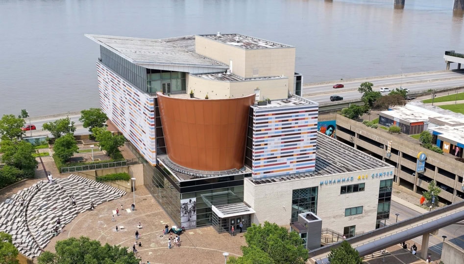 Drone photo of the Muhammad Ali Center with the Ohio River in the background