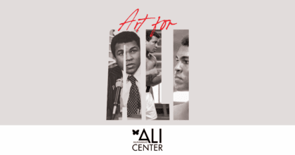 Gray backdrop with Art for Ali logo featuring Ali imagery