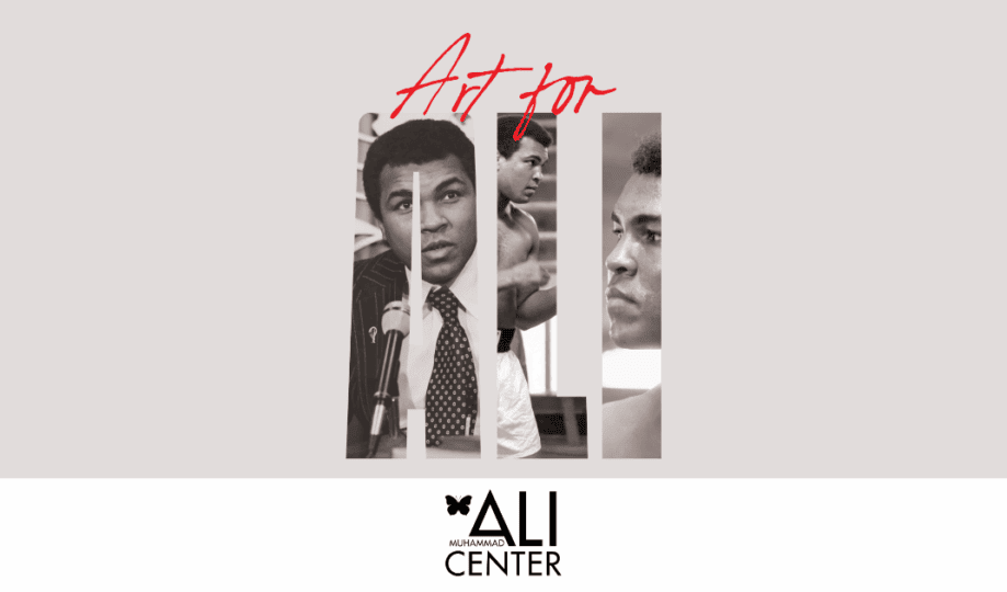 Gray backdrop with Art for Ali logo featuring Ali imagery