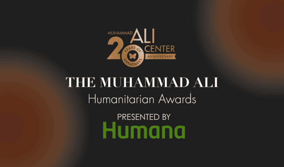Muhammad Ali Humanitarian Awards 2025 - Muhammad Ali Center Bronze and black background with Muhammad Ali Humanitarian Awards logo and "Presented by Humana"