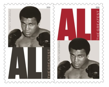 Photo of Muhammad Ali postage stamp featuring image of Ali in boxing pose