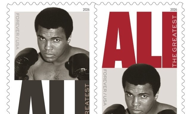 Photo of Muhammad Ali postage stamp featuring image of Ali in boxing pose