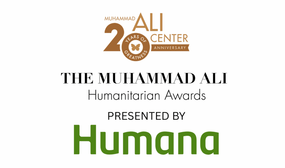 Muhammad Ali Center 20th Anniversary logo and Humanitarian Awards logo with Presented by Humana