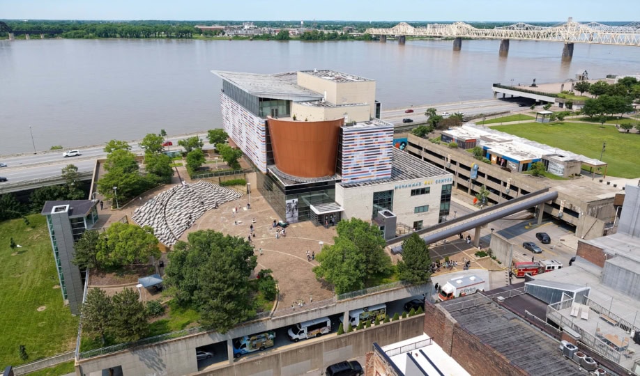 Drone photo of the Muhammad Ali Center with the Ohio River in the background