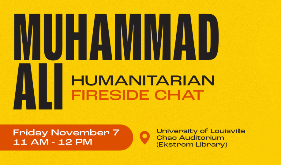 Yellow background with text "Muhammad Ali Humanitarian Fireside Chat"