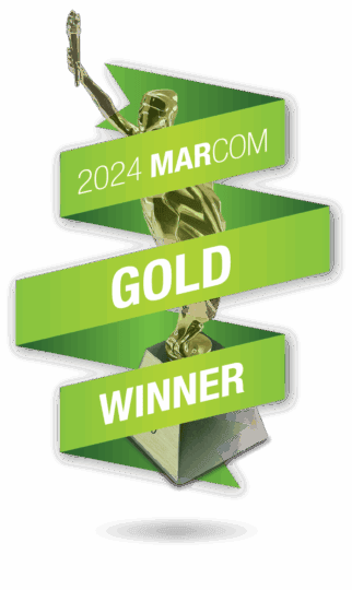 Logo of MarCom Awards with green ribbon and text 