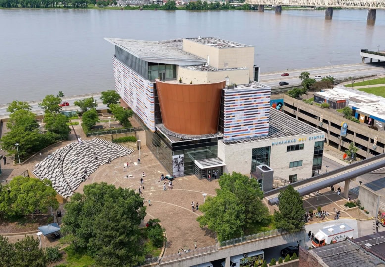 Drone photo of the Muhammad Ali Center with the Ohio River in the background