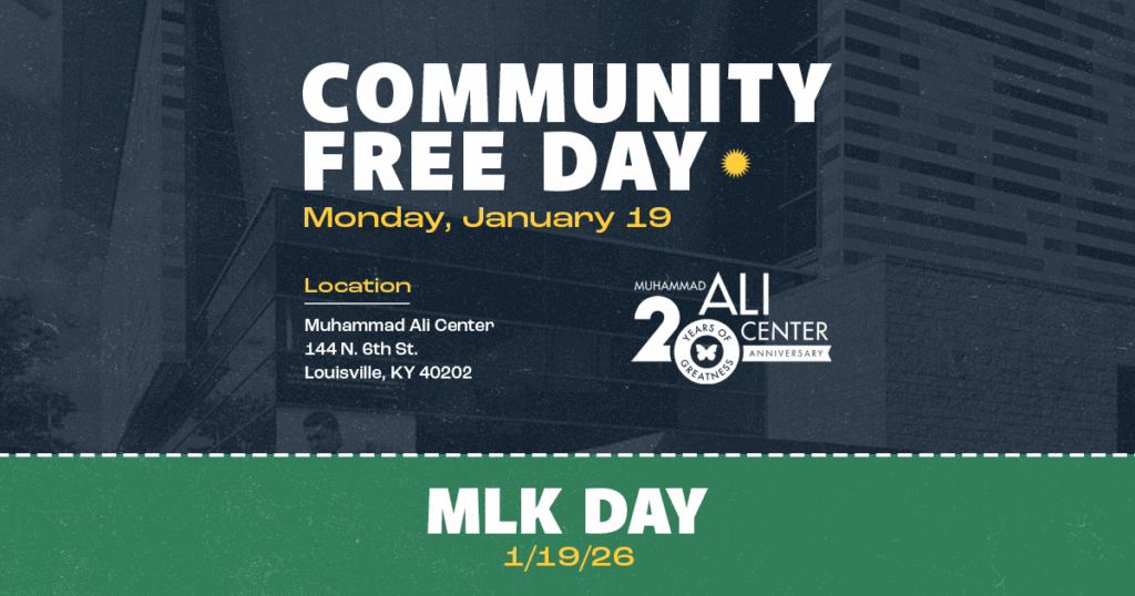 Community Free Day logo on blue backdrop featuring Ali Center building with text Monday, January 19 and Ali Center 20th logo