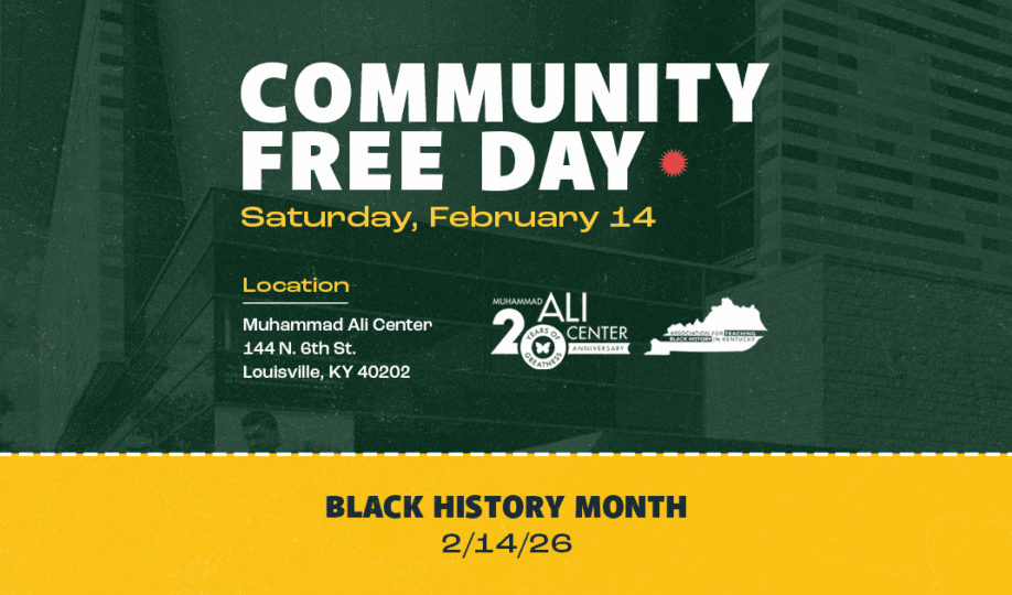 Community Free Day logo on green backdrop featuring Ali Center building with text Saturday, February 14 and Ali Center 20th logo