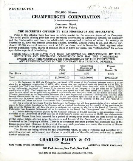 Written contract for shares to Champburger, Muhammad Ali's burger restaurant