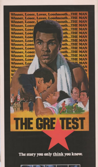 Movie poster with artwork of Muhammad Ali and illustrations of life events with text "The Greatest - The story you only think you knew."