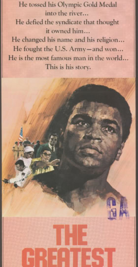 Illustrated black and white artwork of Muhammad Ali promoting "The Greatest" film