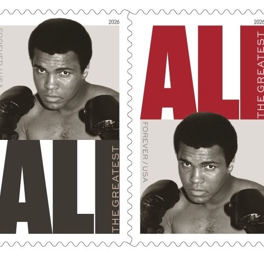 Two stamps side by side with Muhammad Ali's image in a boxing stance