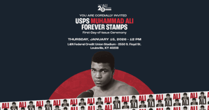 Photo of Muhammad Ali on blue background with red highlight and text "You Are Cordially Invited: USPS Muhammad Ali Forever Stamps First-Day-Of-Issue Ceremony"