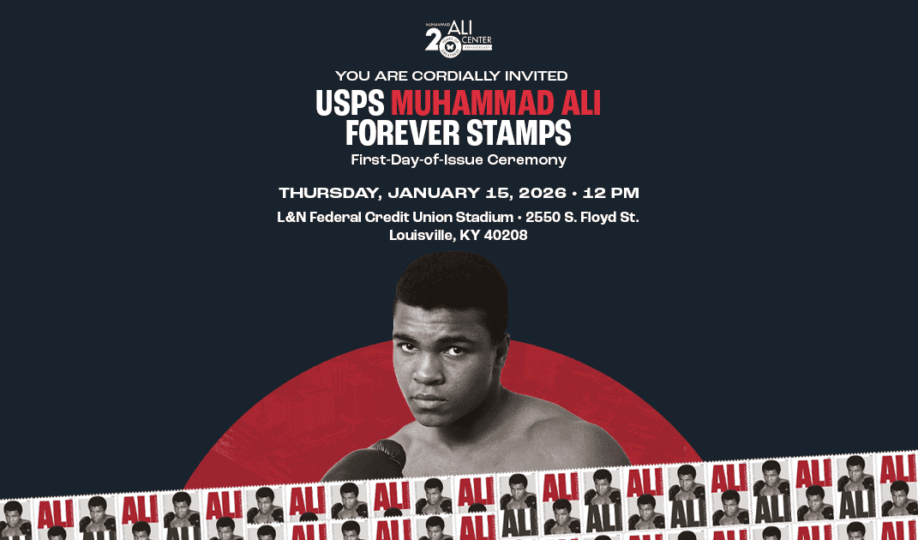 Photo of Muhammad Ali on blue background with red highlight and text "You Are Cordially Invited: USPS Muhammad Ali Forever Stamps First-Day-Of-Issue Ceremony"