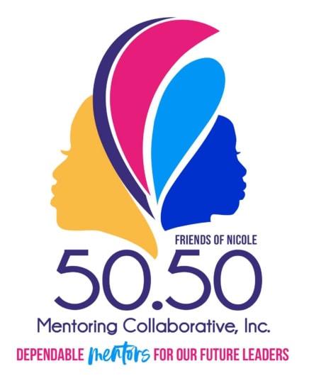 Logo image 5050 Mentoring logo featuring colorful illustration of woman's silhoutte