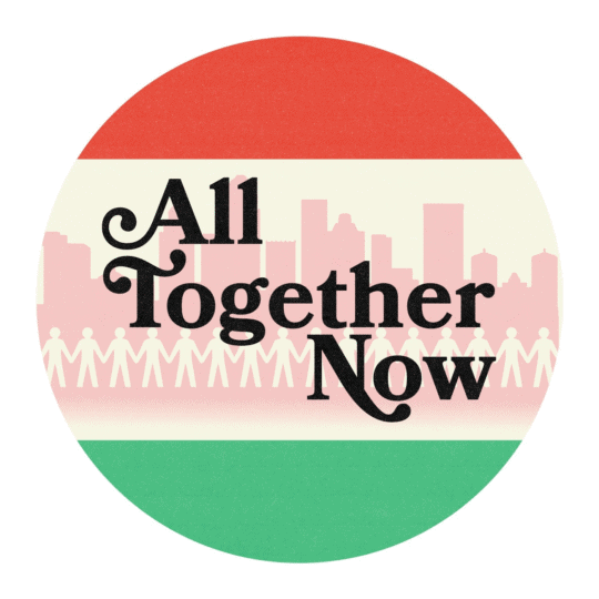 Logo image Red. white and green circle with city illustration inside and text