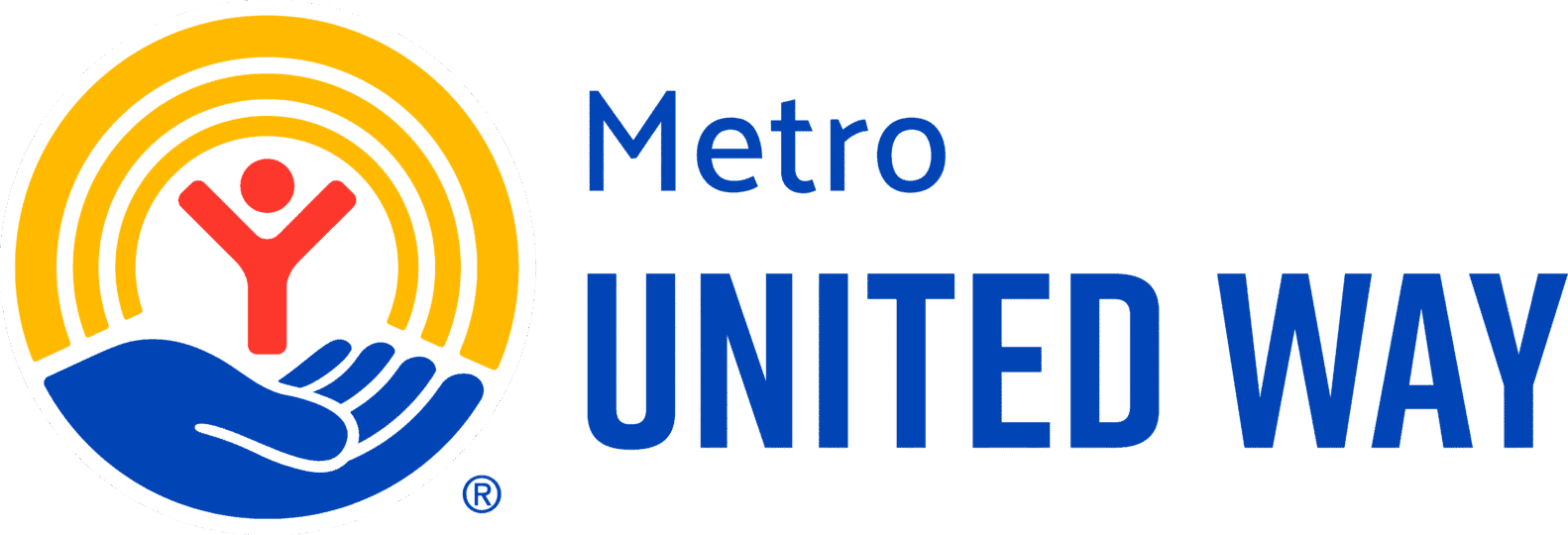 Logo image Metro United Way logo with red stick figure illustration held by blue hand