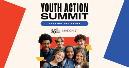 Teenagers in a group smiling within a multi-colored box design and text "Youth Action Summit: Passing the Baton"